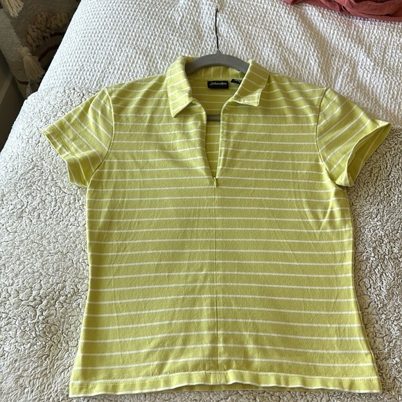 St. John's Bay Women's S Zip Neck Polo Tee Shirt Lime Green White Stripe Preppy - Picture 11 of 15